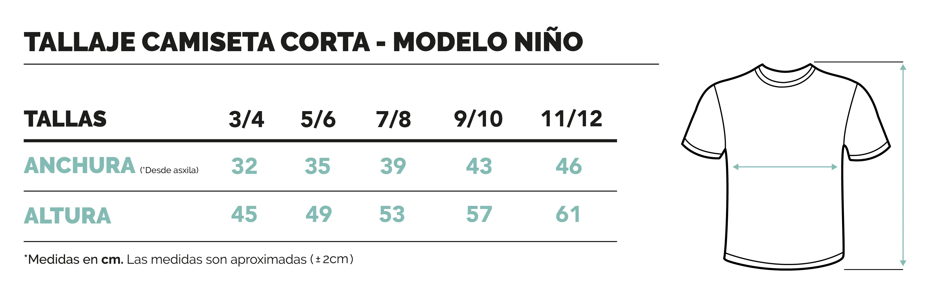 Tabla talla camiseta para niños o niñas